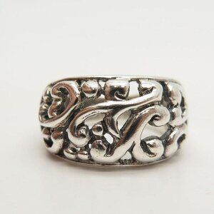Silver Tudor scroll dome ring With 14k white gold
